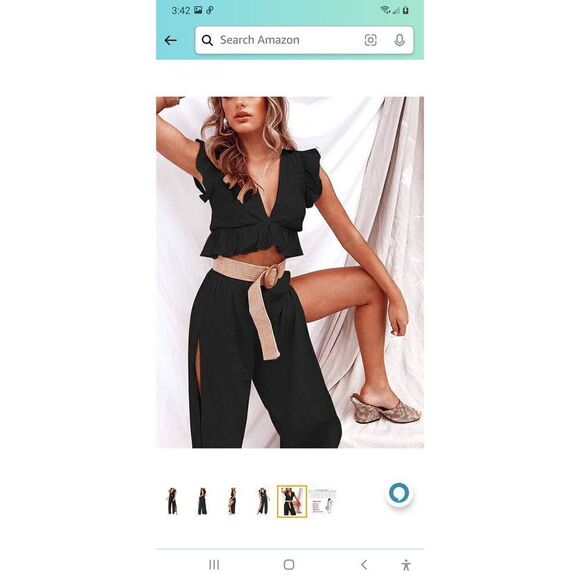 New XL 16 Fancyinn Black 2pc Outfit Deep V-Neck Crop Drawstring Side Slit Pants - Picture 5 of 8